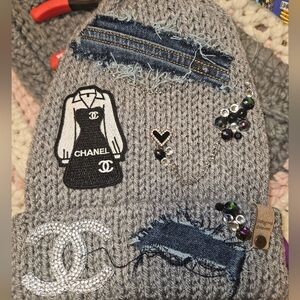 Couture Inspired Gray Knit Beanie with Denim and Crystal Embellishments